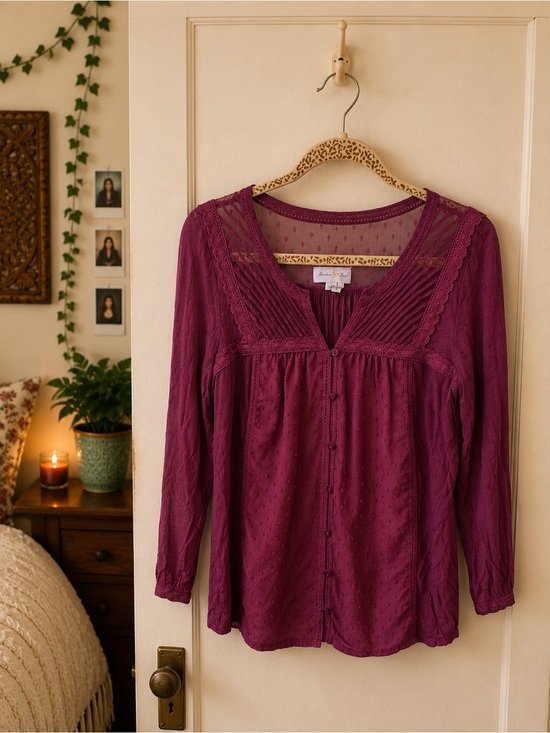 anthropologie Tops - Anthropologie Meadow Rue Textured Lace Pintuck Peasant Blouse Size M Boho Romant